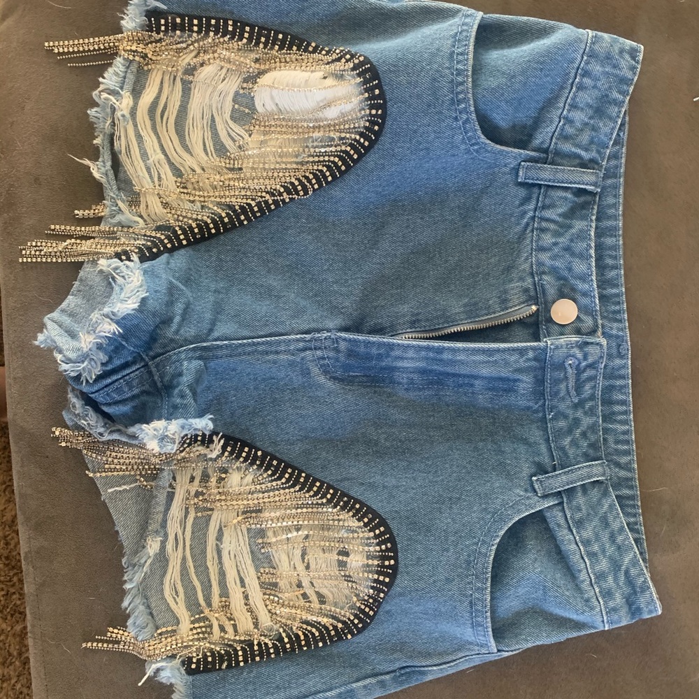 Fringe shorts, Jean shorts, rhinestones